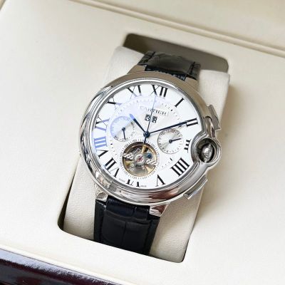 Cartier 316L Steel Case 44*12MM Cowhide Leather Bracelet Business Men Black/White Watch